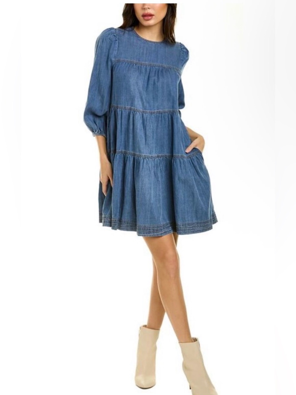 Stellah Tiered Denim Mini Dress Blue Puff Sleeve Babydoll Size S